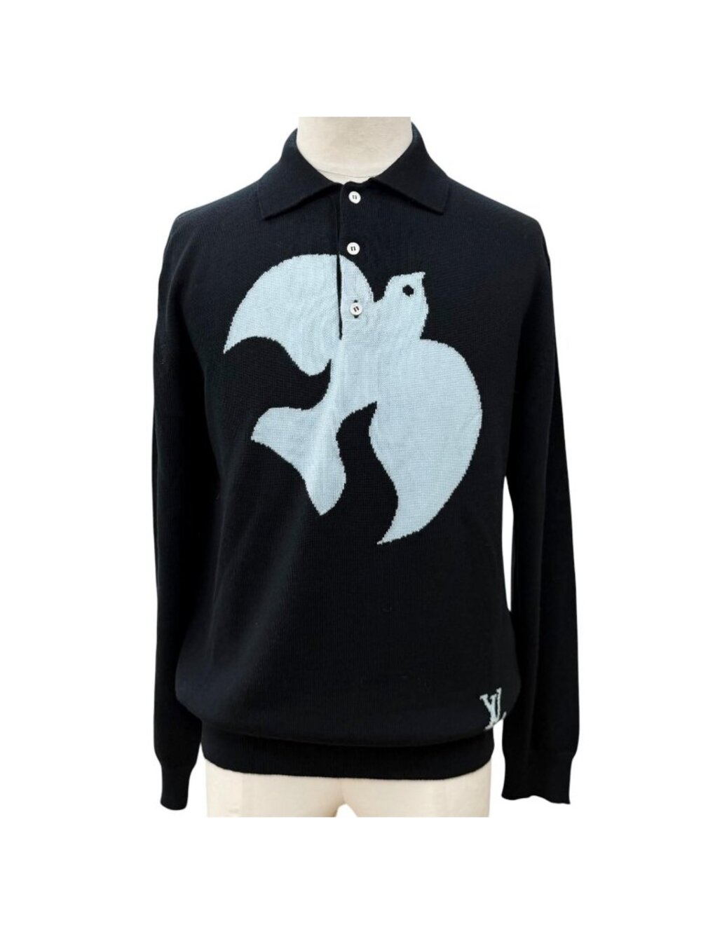 Louis Vuitton Wool Bird Jacquard Knit Polo Shirt Sweater Black Light Blue